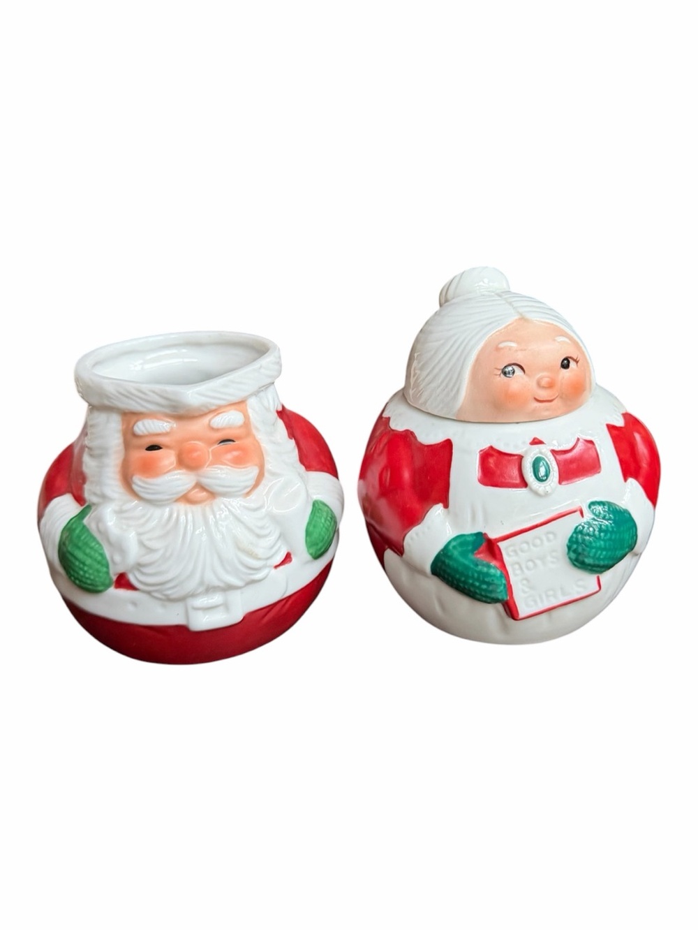 1983 Avon "Claus & Company" Santa Creamer & Mrs. Claus Lidded Sugar Bowl Set
